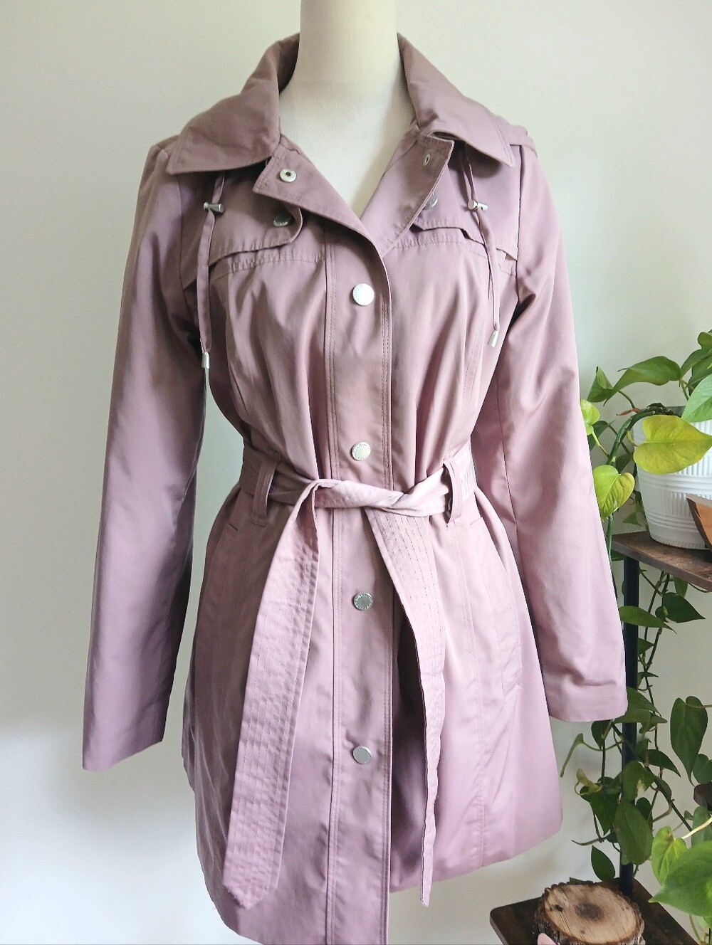 London Fog-Trench Coat-Rain Jacket- Detachable Hood-Mauve Pink-Size Small